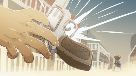 anthro balls belt casual_exposure cloak clothing cowboy_hat duel duo dust flaccid genitals gun handgun hat headgear headwear male mostly_nude penis ranged_weapon revolver spurs weapon wild_west young young_anthro young_male dakkawoof dakka canid canine canis mammal wolf 16:9 2026 4k absurd_res hi_res widescreen