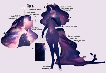 anthro biped bodily_fluids cosmic_hair crying ethereal_hair female galaxy looking_at_viewer nude solo space_tail star tears text sweetburn rifa_(sweetburn) animal_humanoid equid equid_humanoid humanoid mammal mammal_humanoid unicorn_humanoid 2024 english_text model_sheet