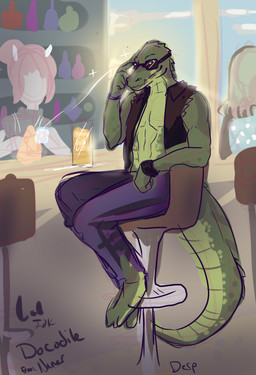abs ambiguous_gender anthro anthro_focus chair clothing duo eyewear furniture group inside light light_beam male male_focus midriff on_chair sitting sitting_on_chair solo_focus sunbeam sunglasses sunglasses_on_face sunlight tail topwear vest wearing_sunglasses nanerflakes docodile animal_humanoid crocodile crocodilian humanoid reptile scalie scalie_humanoid sketch