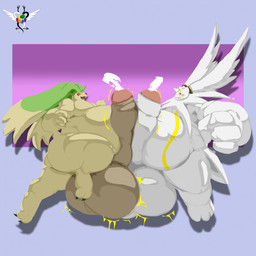 anthro balls belly big_balls big_penis bodily_fluids cum duo erection frottage genital_fluids genitals huge_balls huge_penis hyper hyper_balls hyper_genitalia hyper_penis long_ears male male/male orgasm overweight penile penis penises_touching sex subariel bandai_namco digimon cherubimon cherubimon_(good) digimon_(species) gargomon 1:1 hi_res