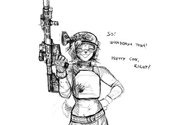 anthro bulletproof_vest dialogue eyewear female goggles gun happy holding_gun holding_object holding_ranged_weapon holding_rifle holding_weapon military_helmet open_mouth open_smile ranged_weapon rifle smile text weapon hladilnik samantha_thott canid canine canis domestic_dog mammal 2025 comic english_text hi_res monochrome sketch
