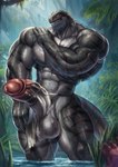 abs anthro balls biceps big_balls big_muscles big_penis bodily_fluids bottomwear bottomwear_aside claws clothing clothing_aside erection genital_fluids genitals glistening glistening_balls glistening_body glistening_genitalia glistening_muscles glistening_scales grey_body grey_scales huge_balls huge_muscles huge_penis humanoid_genitalia humanoid_penis loincloth loincloth_aside male muscular muscular_anthro muscular_male nipples partially_submerged pecs penis precum quads scales solo striped_body stripes tail teeth vein veiny_muscles veiny_penis yukihoshiak dinosaur prehistoric_species reptile scalie theropod absurd_res hi_res