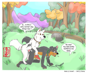 anal animal_genitalia animal_penis anthro anthro_on_feral balls bestiality bodily_fluids border canine_genitalia canine_penis collar cum dialogue doggystyle duo eyewear feral feral_on_top from_behind_position genital_fluids genitals glasses leash male male/male mounting penis precum sex shepherd speech_bubble text white_border fennec_(artist) bolt_(film) disney akela_vincent bolt_(bolt) canid canine canis domestic_dog german_shepherd herding_dog mammal pastoral_dog wolf english_text