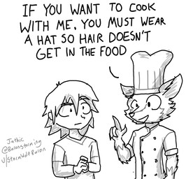 5_fingers chef_hat clothing dialogue duo eye_contact fingers hat headgear headwear irony looking_at_another male open_mouth raised_arm shirt text topwear stormwolfbaron canid canine human mammal 2019 english_text sketch