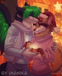 anthro brown_body brown_fur clothed clothing duo feathered_wings feathers fur green_hair hair male smile standing wings yellow_eyes imanika nachtine_(nachtschatten64) canid canine hybrid mammal 2022 digital_media_(artwork)