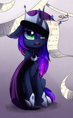 blue_body blue_fur blue_hair cape clothed clothing crown female feral fur gradient_background green_eyes hair headgear horn paper scroll simple_background solo text magnaluna friendship_is_magic hasbro my_little_pony mythology princess_luna_(mlp) equid equine mammal mythological_creature mythological_equine unicorn 2016 english_text hi_res