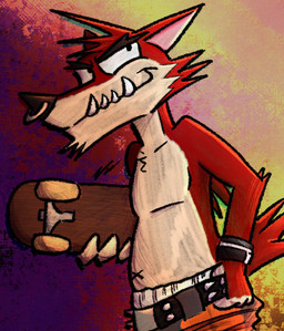 alternative_fashion anthro belt bottomwear bracelet clothed clothing facial_piercing fur holding_skateboard jewelry looking_offscreen looking_up male nose_piercing nose_ring pants piercing pose punk red_body red_fur ring_piercing sagging sharp_teeth skinny smile solo spiked_belt spiked_bracelet spikes tail tan_body tan_fur teeth toony topless underbite wristband ninvee atlus go!_go!_hypergrind sega decker canid canine canis mammal wolf 2026 hi_res