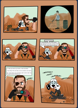 animal_noises binoculars black_clothing black_ears black_spots black_suit brown_hair clothing dessert dialogue duo eye_patch eyewear feral floppy_ears food fur goggles hair heterochromatic_ears holding_binoculars holding_object light_body light_skin male robotic_arm speech_bubble spots suit text white_body white_fur white_spots omniferret 101_dalmatian_street 101_dalmatians disney konami metal_gear metal_gear_solid_v dylan_(101_dalmatians) venom_snake canid canine canis dalmatian domestic_dog human mammal absurd_res comic crossover english_text hi_res