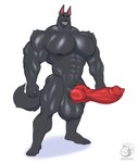 abs animal_genitalia animal_penis anthro balls big_balls big_biceps big_pecs big_penis black_body black_fur blue_eyes canine_genitalia canine_penis erection fur genitals huge_balls huge_penis knot male muscular muscular_arms muscular_male nude pecs penis plantigrade sheath smile solo teeth thick_knot buzzybub vicious_(eztarg3t) canid canine canis mammal wolf absurd_res hi_res