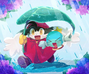 ambiguous_gender anthro black_body black_fur blush clothing coat duo eyes_closed fur gloves handwear kemono leaf leaf_umbrella male open_mouth raincoat raining red_raincoat topwear yellow_clothing yellow_eyes yellow_gloves yellow_handwear young young_anthro young_male haippp bandai_namco klonoa_(series) huepow klonoa ambiguous_species 2020 hi_res male_(lore)