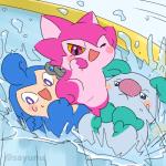 anthro blue_body blue_fur featureless_crotch fur green_body green_eyes green_fur group nude open_mouth pink_body pink_eyes pink_fur purple_eyes water wet sayunu himitsu_no_cocotama mukitetsu_(cocotama) tokumaru_(cocotama) yurano_(cocotama) cocotama 1:1 signature