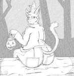 anthro big_butt bottomwear butt candy candy_bucket clothed clothing dessert female food forest frown fully_clothed fur hat headgear headwear holidays jack-o'-lantern jacket looking_back narrowed_eyes notched_ear outside pants plant raised_tail rear_view sitting slightly_chubby solo tail topwear tree whiskers wizard_hat jimfoxx halloween night_in_the_woods mae_borowski domestic_cat felid feline felis mammal 2019 hi_res monochrome