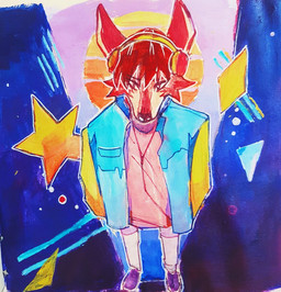 abstract_background anthro blue_clothing blue_jacket blue_topwear cheek_tuft clothed clothing electronics facial_tuft front_view hair headphones jacket male pink_clothing pink_jacket pink_topwear red_hair solo standing tan_body topwear tuft unsigned yellow_clothing yellow_jacket_(clothing) yellow_topwear akatan_art canid mammal full-length_portrait portrait traditional_media_(artwork)