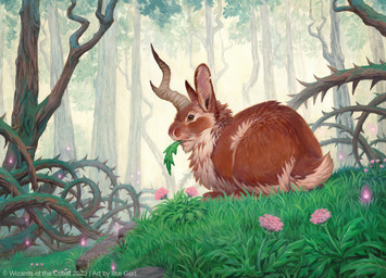 ambiguous_gender brown_body brown_fur feral flower forest fur grass horn leaf leaf_in_mouth object_in_mouth outside plant solo thorns tree caraid hasbro magic:_the_gathering wizards_of_the_coast lagomorph leporid mammal rabbit 2023 official_art traditional_media_(artwork)