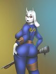 3:4 anthro black_lips bovid brown_eyes caprine fallout female fur goat gun hi_res hush_shore lips looking_at_viewer looking_back mammal microsoft pip-boy ranged_weapon rear_view shotgun simple_background solo toriel undertale undertale_(series) vault_suit weapon white_body white_fur