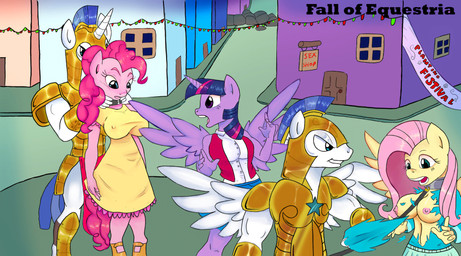 anthro breasts collar female forced forced_exposure group horn male male/female slashysmiley third-party_edit fall_of_equestria friendship_is_magic hasbro my_little_pony mythology fluttershy_(mlp) pinkie_pie_(mlp) royal_guard_(mlp) twilight_sparkle_(mlp) equid equine mammal mythological_creature mythological_equine unicorn absurd_res colored hi_res