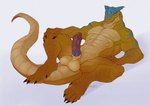 anthro balls bodily_fluids erection genital_fluids genitals lying male muscular nubbed_penis nude on_back penis precum simple_background smile solo vein veiny_penis white_background nebelviper capcom monster_hunter dinosaur flying_wyvern prehistoric_species reptile scalie tigrex