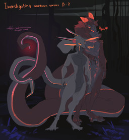 4_ears anthro belly_nipples big_tail biped black_body dialogue digitigrade duo feet fingers fur grey_body heart_symbol horn looking_at_another machine markings multi_ear neck_tuft nude open_mouth orange_markings red_eyes simple_background tail text toes tuft annoy annoy_(character) irk_(character) goo_creature robot unknown_species 2026 english_text hi_res male_(lore)