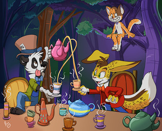 anthro beverage big_ears black_body black_fur blue_bottomwear blue_clothing blue_pants blue_topwear bottomwear brown_eyes brown_hair brown_tail closed_smile clothed clothing container cup floppy_ears fur green_clothing green_eyes green_topwear grin group hair head_tuft male mouth_closed open_mouth open_smile orange_body orange_fur outside pants pink_tongue red_clothing red_topwear short_hair sitting smile standing tail tea tongue tongue_out topwear trio tuft white_body white_fur yellow_body yellow_fur yellow_tail young young_anthro young_male pandapaco alice_in_wonderland bear domestic_cat felid feline felis giant_panda lagomorph leporid mammal rabbit digital_drawing_(artwork) digital_media_(artwork) medibang_paint_(artwork)