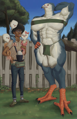 abs age_difference anthro beak biped blue_body bottomwear breasts clothed clothing dark_body dark_skin detailed_background egg eyewear female glasses green_clothing group hand_on_hip larger_female loincloth male multicolored_body muscular muscular_female navel older_female older_male outside size_difference smaller_male white_body younger_female goldcrustedchicken avian bird human mammal absurd_res hi_res father_(lore) father_and_child_(lore) mother_(lore) mother_and_child_(lore) parent_(lore) parent_and_child_(lore)