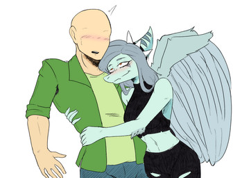 anthro bald black_bottomwear black_clothing black_crop_top black_pants black_shirt black_topwear blue_body blush bone_frill bottomwear canon_couple clothed clothed_anthro clothed_female clothed_human clothed_male clothing crop_top denim denim_bottomwear denim_clothing duo feathered_wings feathers female fingers frill_(anatomy) front_view green_clothing green_jacket green_shirt green_topwear grey_body grey_feathers grey_hair hair hug human_on_anthro humanoid_hands interspecies jacket jeans long_hair looking_at_another looking_up male male/female markings open_clothing open_jacket open_mouth open_topwear pants romantic romantic_couple shirt simple_background striped_markings stripes surprised topwear torn_bottomwear torn_clothing torn_pants white_background wings nasu_no_itame98 cavemanon_studios goodbye_volcano_high ko_op_(game_developer) snoot_game anon_(snoot_game) fang_(gvh) human mammal prehistoric_species pterosaur reptile scalie colored