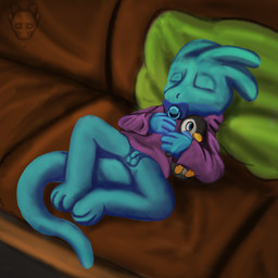 4_fingers anthro balls bottomless clothed clothing fingers flaccid foreskin furniture genitals male nude pacifier penis plushie sleeping sofa solo spread_legs spreading toddler young young_anthro theslimedragon hohan slime_dragon 1:1 hi_res