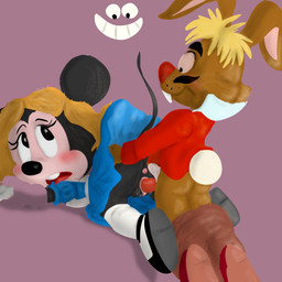 alternative_fashion anthro anus apron bent_over black_body black_nose blonde_hair blush bottomwear bottomwear_down brown_body buckteeth butt clothed clothing cosplay dress female footwear genitals group hair hand_on_another's_butt hand_on_butt j-fashion lolita_(fashion) long_ears looking_back male male/female no_underwear pants pants_down partially_clothed red_nose restrained sex shirt shoes socks sweet_lolita tail tan_body tan_skin teeth topwear trio vulva wig mousetache alice_in_wonderland disney cheshire_cat_(disney) mad_hatter minnie_mouse lagomorph leporid mammal mouse murid murine rabbit rodent 1:1 hi_res