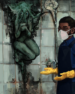 bathroom blue_eyes clothing dark_body dark_skin duo female fungus gloves green_body green_hair hair handwear male mask mold_(fungus) narrowed_eyes not_furry short_hair shower_head shower_room zarzaliel elemental_creature elemental_humanoid fungi_fauna fungi_humanoid human humanoid mammal 4:5 hi_res