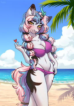 1_horn 5_fingers accessory anthro bangs beach bedroom_eyes big_breasts bikini bikini_pull biped black_accessory black_body black_eyebrows black_fur black_hair_accessory black_hair_ring black_horn black_jewelry black_markings black_ring black_tail_accessory black_tail_ring blue_hair blue_sky blue_tail blush blush_lines blushing_at_viewer breasts brown_ear_tips brown_fingernails brown_nails brown_pupils clothed clothed_anthro clothed_female clothing clothing_pull cloud cloudy_sky collarbone colored_nails crotch_lines curved_horn day dipstick_ears dipstick_horn ear_markings eyebrows eyelashes female female_anthro fingernails fingers fluffy fluffy_hair fluffy_tail front_view fur fur_markings furgonomics gradient_horn green_horn green_horn_tip grin grinning_at_viewer hair hair_accessory hair_ring half-closed_eyes heart_symbol horizon horn horn_markings humanoid_hands iris jewelry leaf leg_markings long_hair long_tail looking_at_viewer markings monotone_bikini monotone_clothing monotone_swimwear multicolored_body multicolored_ears multicolored_fur multicolored_hair multicolored_horn nails narrowed_eyes navel off_shoulder pigtails pink_blush pink_hair pink_markings pink_stripes pink_tail pose pupils purple_bikini purple_clothing purple_swimwear ring sea seaside seductive shadow sky smile smiling_at_viewer snout solo standing striped_horn stripes swimwear swimwear_pull tail tail_accessory tail_jewelry tail_ring twintails_(hairstyle) two-piece_swimsuit two_tone_body two_tone_fur two_tone_hair two_tone_tail water white_body white_ears white_fur white_inner_ear white_sclera yellow_eyes konejo hasbro my_little_pony mythology fan_character dragon furred_dragon furred_scalie kirin mythological_creature mythological_scalie scalie wingless_dragon 2023 colored colored_sketch digital_drawing_(artwork) digital_media_(artwork) hi_res pinup portrait shaded sketch three-quarter_portrait