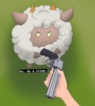 absurd_res ambiguous_gender bovid caprine colt_anaconda go_do_a_crime gun handgun hi_res lamball mammal meme pal_(species) palworld pocketpair ranged_weapon revolver sheep simple_background solo sunstripe weapon