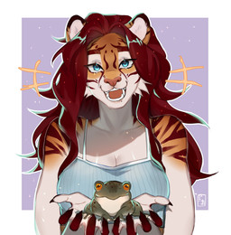 anthro breasts cleavage clothed clothing female feral fur green_body hair holding_animal looking_at_viewer open_mouth red_hair simple_background smile standing teeth topwear creativeevil eevi_(creativeevil) amphibian felid frog mammal pantherine tiger digital_media_(artwork) hi_res