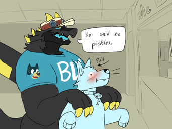 3_fingers baseball_cap black_body black_fur black_scales blue_clothing blue_eyes blue_shirt blue_tongue blue_topwear bottomless claws clothed clothing collar collar_only dialogue duo fast_food_restaurant finger_claws fingers fur hat head_on_chest headgear headwear male male/male muscular muscular_male nude pecs plane_wings scales shirt tongue topwear kingkuga bluey_(series) mythology bandit_heeler briggsy_(kingkuga) ych_(character) canid canine dragon furred_dragon furred_scalie mammal mythological_creature mythological_scalie scalie hi_res