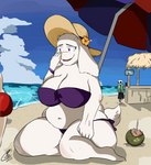 accessory anthro beach beverage big_breasts bikini blush bone breasts clothing coconut drupe_(fruit) excited female flower flower_in_hair food fruit fur group hair hair_accessory hat headgear headwear hibiscus ketchup long_ears male male/female overweight plant popsicle seaside skeleton straw_hat sun swimming_trunks swimwear tail tail_motion tailwag tent trio two-piece_swimsuit umbrella water ghost_drawings undertale_(series) asgore_dreemurr sans_(undertale) toriel boss_monster_(undertale) hi_res