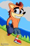 2:3 absurd_res activision anthro bandicoot beach blue_bottomwear blue_clothing blue_pants bottomwear boxing_gloves clash_of_the_titans clothing cloud crash_bandicoot crash_bandicoot_(series) eyebrows fur g_bunn gesture gloves green_eyes hand_gesture handwear hi_res male mammal marsupial nature nature_background orange_body orange_fur pants sky smile solo thumbs_up yellow_body yellow_fur