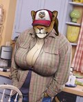 absurd_res anthro band1tnsfw baseball_cap big_breasts breasts cleavage clothed clothing covered_eyes disney draw_over ear_piercing english_text facial_piercing felid female female_anthro fur hair hat hat_over_eyes headgear headwear hi_res judy_hopps kitchen lagomorph leporid lion m1lf_band1t_(band1tnsfw) mammal meme meme_clothing nose_piercing nose_ring nostril_piercing nostril_ring overweight overweight_anthro overweight_female pantherine pattern_clothing photo_manipulation photomorph piercing pink_nose plaid plaid_clothing ponytail rabbit red_clothing red_hat red_headwear ring_piercing solo spiked_hat tan_body tan_fur text translated zootopia