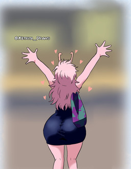 2_horns 5_fingers big_butt black_clothing black_dress brown_text butt clothed clothed_female clothed_humanoid clothing dialogue dress fart fart_cloud female female_farting female_humanoid fingers hair heart_symbol hearts_around_head horn long_hair not_furry pink_body pink_hair pink_horn pink_skin purse raised_arms rear_view solo speech_bubble spread_fingers standing talking_to_self text wide_hips ketrita_draws my_hero_academia ashido_mina horned_humanoid humanoid quirked_human_(my_hero_academia) 2026 artist_name english_text hi_res