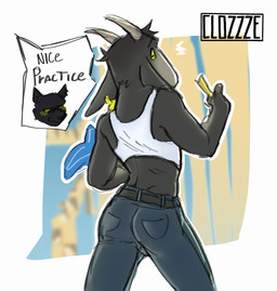 anthro belt black_body black_fur blueprint blush blush_lines bottomwear butt clothing crop_top denim denim_bottomwear denim_clothing dialogue disembodied_head duo ear_piercing ear_tag emanata female fingers fur green_eyes grey_body grey_fur holding_blueprint holding_object holding_pencil hooved_fingers hooves horizontal_pupils horn jeans looking_back male pants pencil_(object) piercing pupils shirt speech_bubble talking_to_another text topwear yellow_eyes clozzze coffee_stain_studios epic_games fortnite goat_simulator boss_koji_(fortnite) pilgor_(goat_simulator) bovid caprine felid goat mammal pantherine 2025 absurd_res artist_name english_text hi_res signature