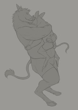 anthro anthro_on_anthro bottomwear closed_smile clothed clothing digitigrade duo eyes_closed head_tuft hug male male/male mouth_closed muscular muscular_anthro muscular_male muscular_on_muscular neck_tuft overweight overweight_anthro overweight_male side_view simple_background smile standing tail tail_tuft topless tuft tusks aduran mammal murid murine rat rodent suid suine sus_(pig) wild_boar absurd_res hi_res monochrome sketch