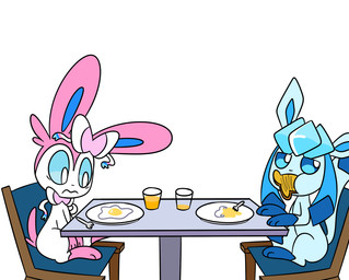 accessory ambiguous_gender bow_ribbon bow_tie bread duo egg feral food hair_accessory hair_bow hair_ribbon ribbons simple_background toast white_background robosylveon nintendo pokemon eeveelution generation_4_pokemon generation_6_pokemon glaceon pokemon_(species) sylveon