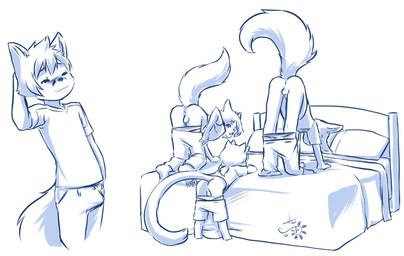 anthro anus backsack balls bed bent_over blush butt clothing erection flashing fluffy fluffy_tail furniture genitals group lineup male male/male mooning penis presenting presenting_anus presenting_hindquarters tail toddler underwear young young_anthro young_male aogami tycloud canid canine canis fox mammal rodent sciurid tree_squirrel wolf 2013 hi_res monochrome