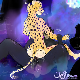 anthro arm_grab being_watched black_body blue_eyes breath cowgirl_position dialogue dirty_talk exclamation_point exhibitionism from_front_position fur fur_markings heart_symbol highlights_(coloring) hip_grab licking licking_lips licking_own_lips lights looking_at_another looking_pleasured male male/male markings moan nude offscreen_character on_bottom on_ground on_top panting party public public_sex sex shake_lines shaking silhouette text thrust_lines thrusting tongue tongue_out trembling yellow_body jeffreyfoxdraws bear cheetah felid feline mammal 1:1 2026 absurd_res artist_name colored digital_drawing_(artwork) digital_media_(artwork) english_text hi_res signature