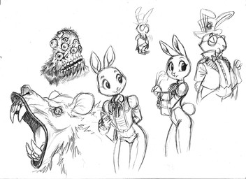 ambiguous_gender anthro bow_tie clothed clothing eyewear feral glasses hat headgear headwear loose_feather male multi_eye quill roaring top_hat writing_utensil chochi lagomorph leporid mammal monster murid murine rabbit rat rodent 2023 graphite_(artwork) greyscale hi_res monochrome multiple_images traditional_media_(artwork)