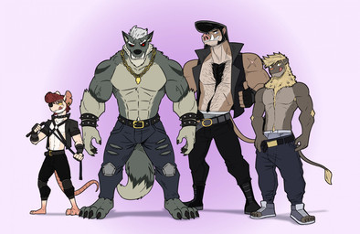 abs anthro barefoot bdsm bdsm_collar bdsm_gear beard belt belt_buckle biceps big_muscles black_beard black_belt black_boots black_bottomwear black_chest_hair black_clothing black_collar black_facial_hair black_footwear black_jacket black_pants black_shoes black_topwear black_wristband blonde_mane blue_bottomwear blue_boxers blue_clothing blue_eyes blue_footwear blue_jeans blue_pants blue_shoes blue_sneakers blue_underwear body_hair bondage bondage_gear boots bottomwear bound boxers_(clothing) bracelet brown_body brown_fur buckle chest_hair claws clothed clothing cocky cocky_grin collar denim denim_bottomwear denim_clothing eyebrow_scar eyebrows facial_hair facial_scar fangs fangs_bared feet fierce fierce_expression fighters footwear fur gang gangster gesture goatee gold_(metal) gold_ear_piercing gold_ear_ring gold_jewelry gold_necklace grey_belt grey_body grey_boxers grey_clothing grey_fur grey_knee_pads grey_underwear group hair hand_gesture hand_on_belt harness holding_belt holding_object holding_whip intimidation jacket jeans jewelry knee_pads legband licking licking_lips male mane manly menancing muscular muscular_anthro muscular_male necklace orange_eyes pants pecs pompadour purple_background red_eyes red_facial_hair red_goatee red_hair sagging sagging_pants scar shirtless shirtless_anthro shirtless_male shoes sideburns simple_background sneakers spiked_belt spiked_bracelet spiked_collar spikes standing tail teeth thick_arms thumbs_up tongue tongue_out topless topless_anthro topless_male topwear torn_bottomwear torn_clothing torn_jeans torn_pants tough_guy underwear whip white_body white_eyebrows white_fur white_mane wristband yellow_body yellow_eyes yellow_fur juniorjosi blizzard_entertainment warcraft kragen_(juniorjosi) canid canine canis felid feline lion mammal murid murine pantherine rat rodent suid suine sus_(pig) werecanid werecreature wild_boar wolf worgen absurd_res hi_res model_sheet