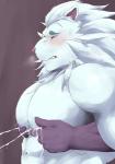 abs blush bodily_fluids eyewear fur hair lactating male male_lactation mane mane_hair milk monocle muscular muscular_male nipple_fetish nipple_pinch nipple_play pecs pinch solo white_body white_fur cgu0906 lifewonders tokyo_afterschool_summoners snow_(tas) felid lion mammal pantherine absurd_res hi_res