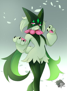 3_fingers anthro claws finger_claws fingers fur green_body green_fur green_legs pink_eyes pink_nose pose solo skyversa nintendo pokemon felid feline generation_9_pokemon mammal meowscarada pokemon_(species) absurd_res hi_res huge_filesize