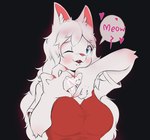 anthro big_breasts biped black_background black_outline blue_eyes blush breasts clothed clothing cute_fangs fangs female front_view fully_clothed gesture glowing_outline hair heart_gesture meow one_eye_closed outer_highlight outline pink_nose red_clothing red_outline red_topwear simple_background solo speech_bubble teeth tight_clothing tight_topwear topwear white_body white_hair wink oumseven domestic_cat felid feline felis mammal digital_media_(artwork) half-length_portrait hi_res portrait