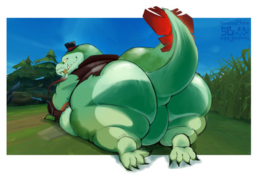anthro belly big_butt butt clothing green_body hat headgear headwear male outside overweight rear_view solo smokey_blokey league_of_legends riot_games tencent tahm_kench_(lol) aquatic catfish fish 2025 absurd_res hi_res