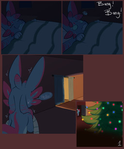 bed bed_covers bed_sheet bedding bedroom christmas_decorations christmas_lights christmas_tree confusion curtains furniture holidays night page_number plant scared scared_eyes tree waking_up bunzillaking christmas amphibian giant_salamander hellbender_salamander salamander absurd_res comic hi_res