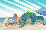 beach big_teeth female growth macro mid_transformation quadruped sand_castle sculpture seaside solo surprise_transformation tail transformation uglyshadow mythology dragon mythological_creature mythological_scalie scalie taur wingless_dragon