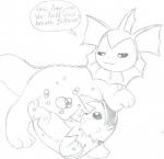 ambiguous_gender breathplay bubble bunearyk dialog duo eeveelution english_text feral half-closed_eyes hi_res jolteon lying monochrome nintendo on_back pencil_(art) pokémon sketch smile soft_vore text vaporeon video_games vorarephilia vore young
Rating: Questionable
Score: 0
User: Jatix
Date: April 12, 2014